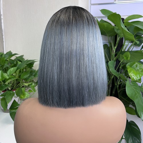2x6 #1b/Grey Colored Straight BOB Lace Closure Virgin Human Hair Wig | Human Hair Wig | Lace Front